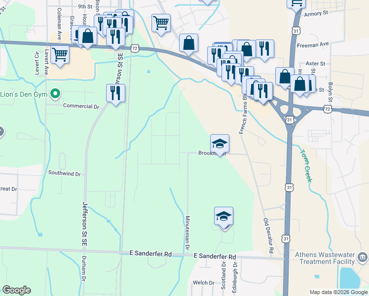 map of restaurants, bars, coffee shops, grocery stores, and more near 320 Brookhill Drive in Athens