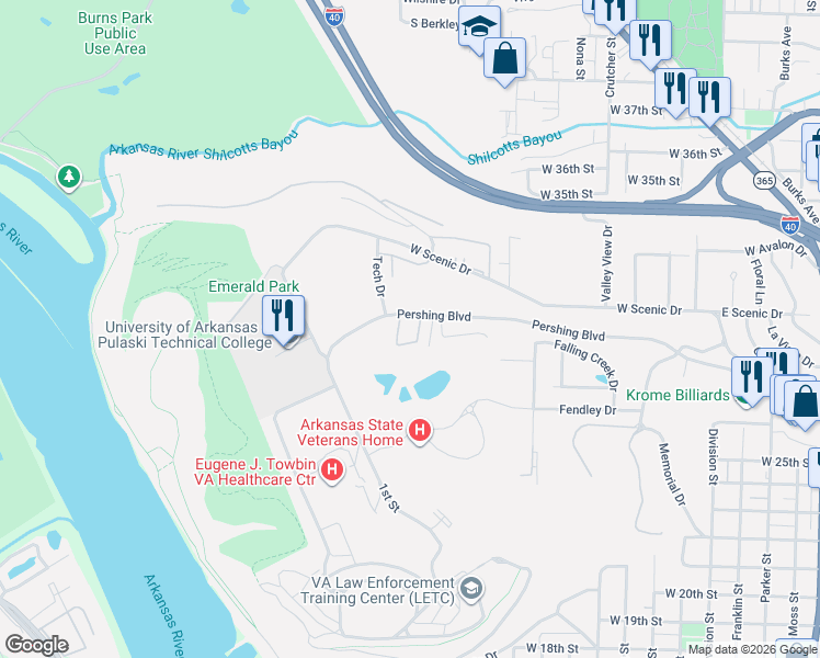 map of restaurants, bars, coffee shops, grocery stores, and more near 2600 Pershing Boulevard in North Little Rock