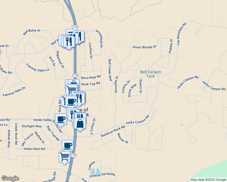map of restaurants, bars, coffee shops, grocery stores, and more near 80 Bell Wash Court in Sedona