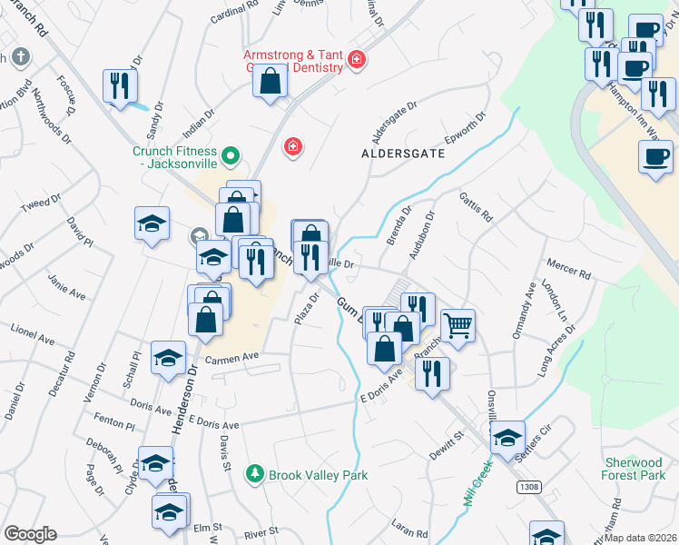 map of restaurants, bars, coffee shops, grocery stores, and more near 10 Onsville Place in Jacksonville