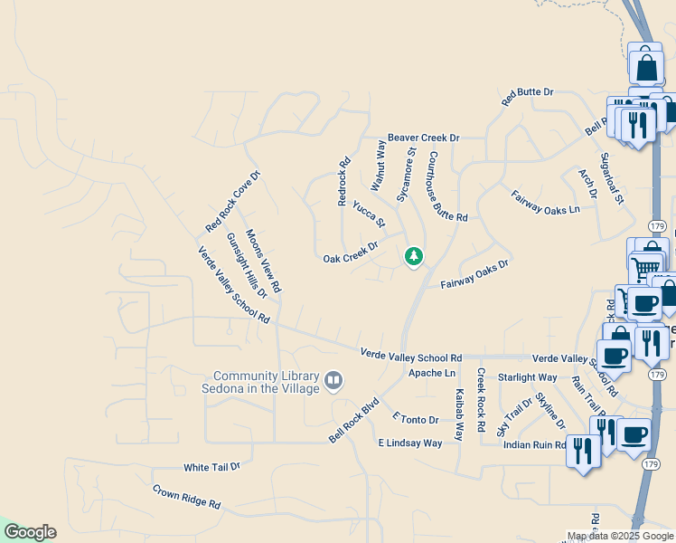 map of restaurants, bars, coffee shops, grocery stores, and more near 170 Oak Creek Drive in Sedona