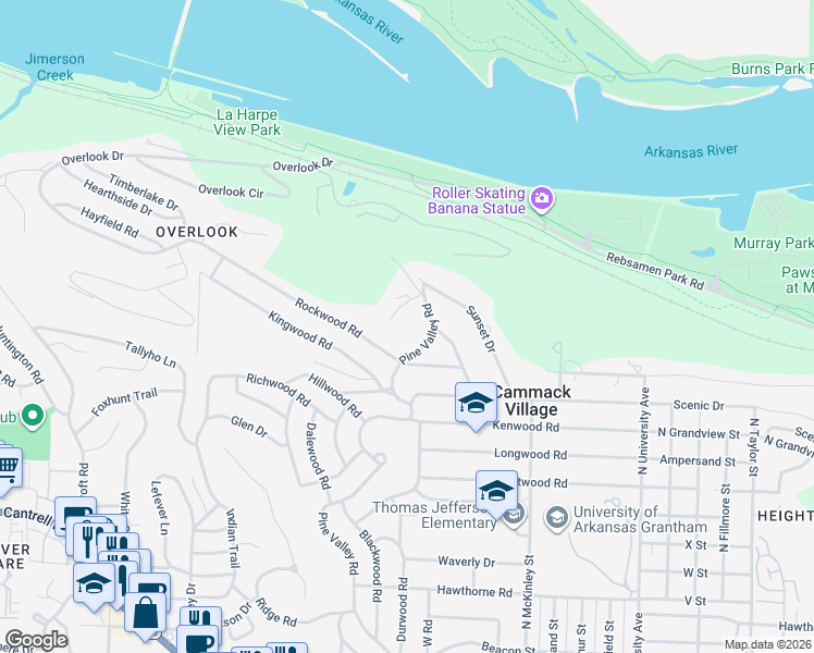 map of restaurants, bars, coffee shops, grocery stores, and more near 1 Sunset Circle in Little Rock