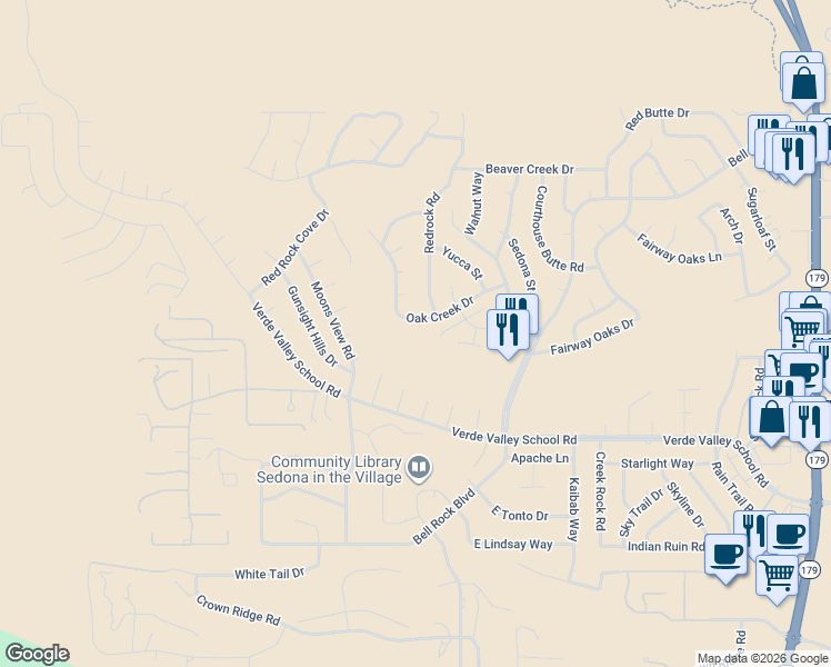 map of restaurants, bars, coffee shops, grocery stores, and more near 170 Oak Creek Drive in Sedona