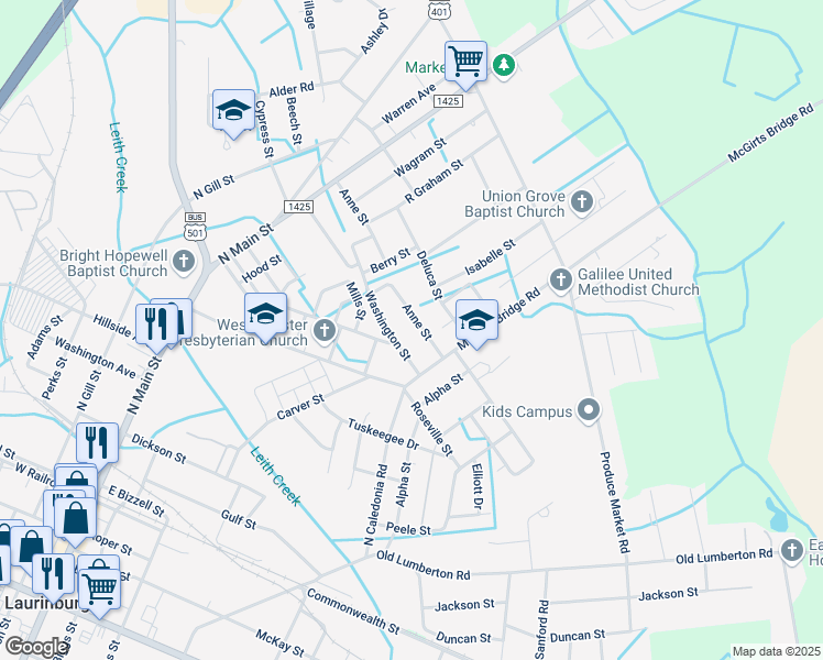 map of restaurants, bars, coffee shops, grocery stores, and more near 708 Anne Street in Laurinburg