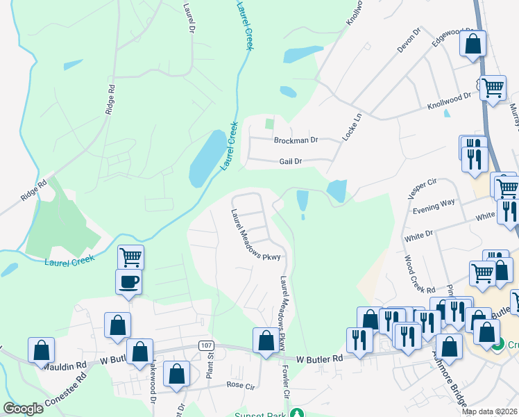 map of restaurants, bars, coffee shops, grocery stores, and more near 509 Laurel Meadows Parkway in Greenville