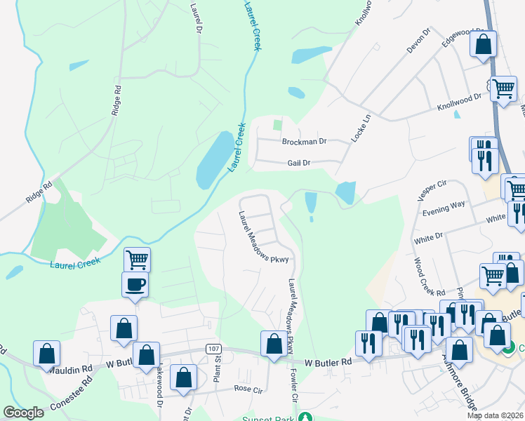 map of restaurants, bars, coffee shops, grocery stores, and more near 509 Laurel Meadows Parkway in Greenville