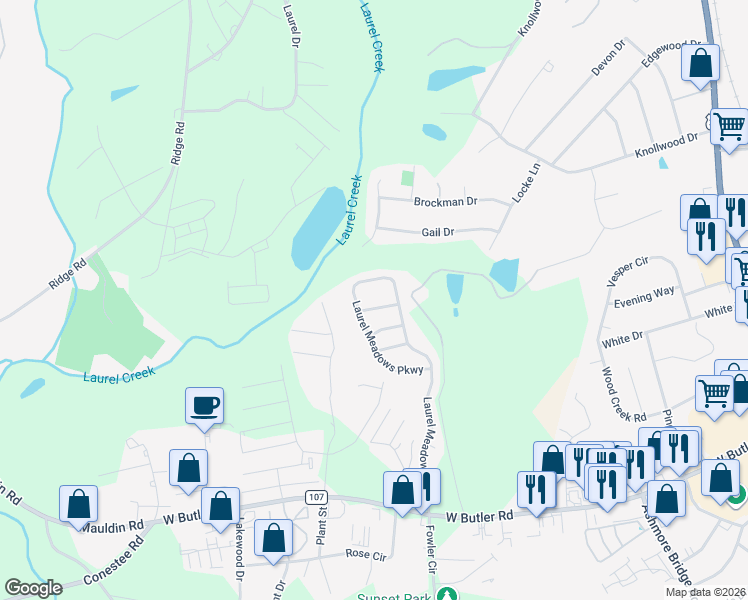 map of restaurants, bars, coffee shops, grocery stores, and more near 509 Laurel Meadows Parkway in Greenville