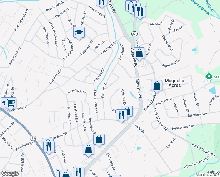 map of restaurants, bars, coffee shops, grocery stores, and more near 24 Altacrest Drive in Greenville