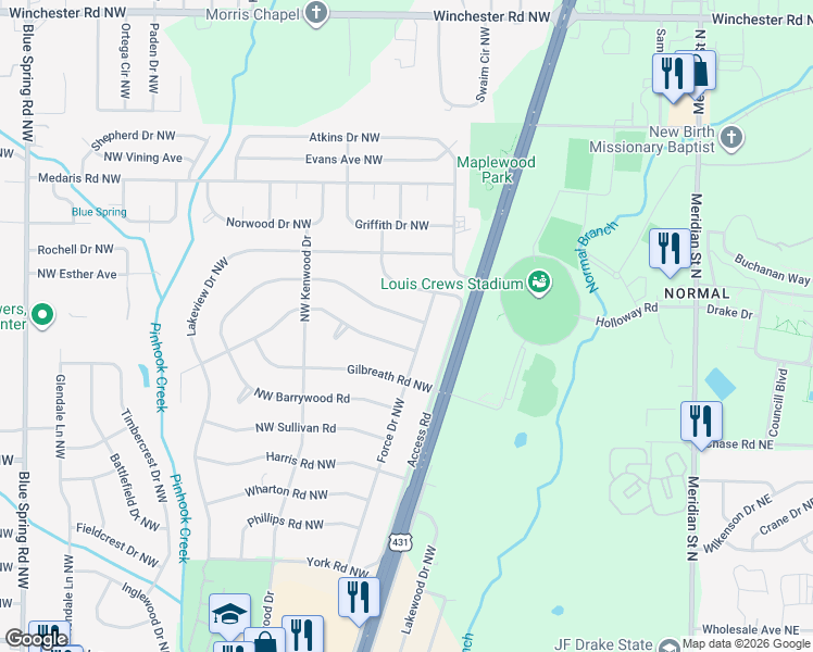 map of restaurants, bars, coffee shops, grocery stores, and more near 4603 Force Drive Northwest in Huntsville
