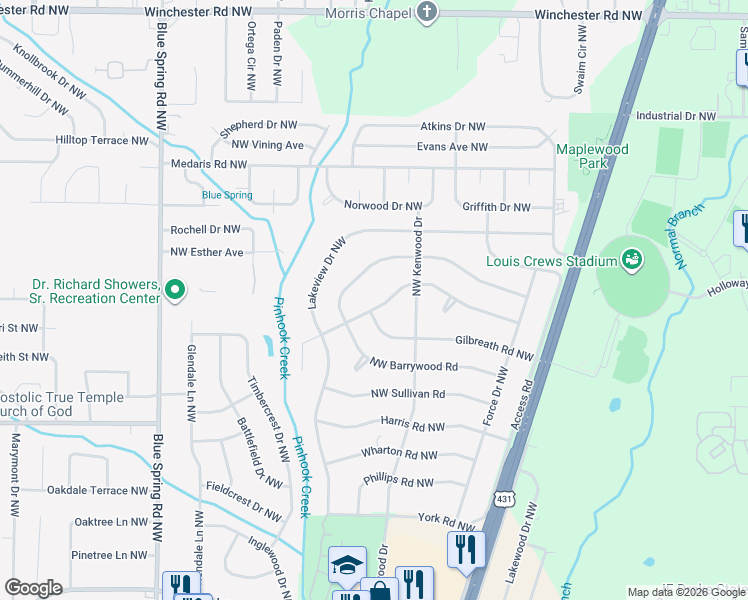 map of restaurants, bars, coffee shops, grocery stores, and more near 2204 Lynn Road Northwest in Huntsville