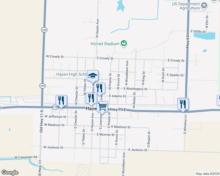 map of restaurants, bars, coffee shops, grocery stores, and more near 308 North Grove Street in Hazen