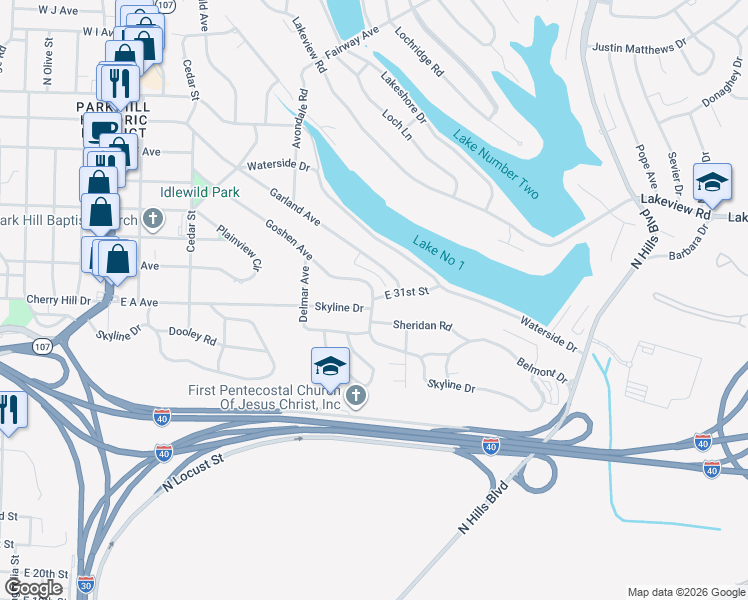 map of restaurants, bars, coffee shops, grocery stores, and more near 1624 Garland Avenue in North Little Rock