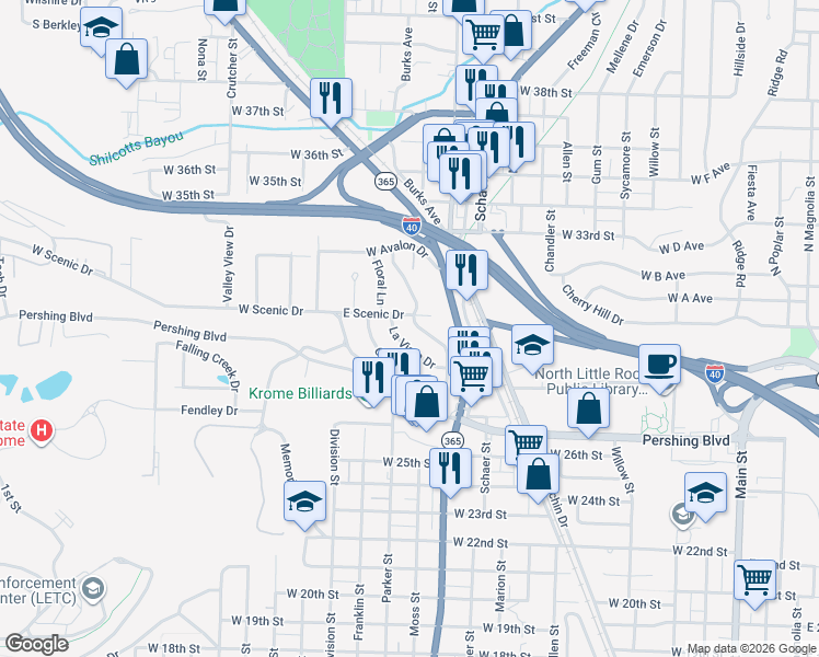 map of restaurants, bars, coffee shops, grocery stores, and more near 307 East Scenic Drive in North Little Rock