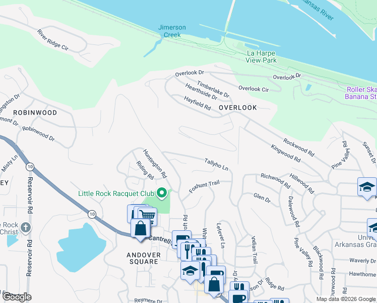 map of restaurants, bars, coffee shops, grocery stores, and more near 36 Woodglen Road in Little Rock