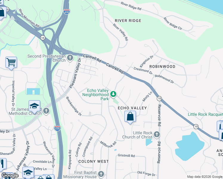 map of restaurants, bars, coffee shops, grocery stores, and more near 3320 Millbrook Road in Little Rock