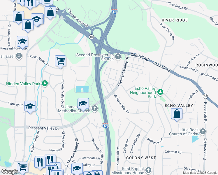 map of restaurants, bars, coffee shops, grocery stores, and more near 441 Cambridge Place Drive in Little Rock