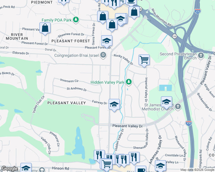 map of restaurants, bars, coffee shops, grocery stores, and more near 127 Valley Club Circle in Little Rock