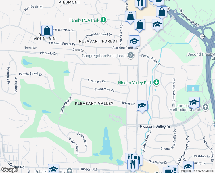 map of restaurants, bars, coffee shops, grocery stores, and more near 18 Inverness Circle in Little Rock