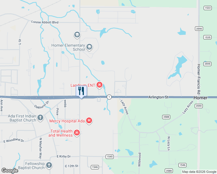 map of restaurants, bars, coffee shops, grocery stores, and more near 915 Tipton Terrace in Ada