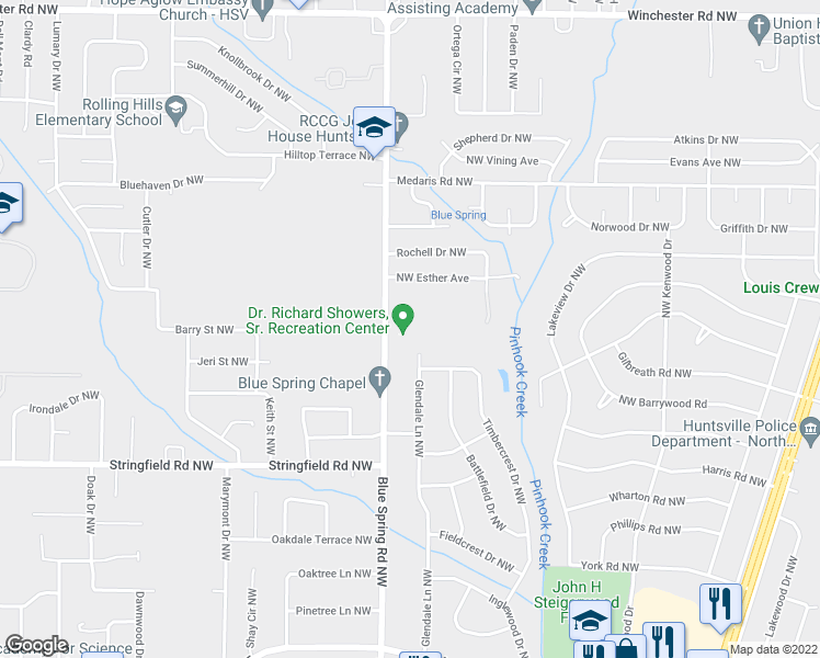 map of restaurants, bars, coffee shops, grocery stores, and more near 4600 Blue Spring Road Northwest in Huntsville