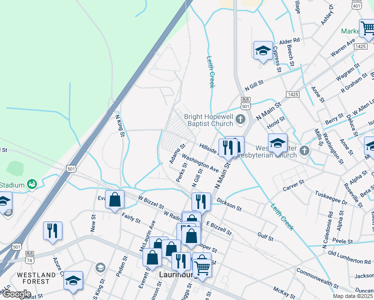 map of restaurants, bars, coffee shops, grocery stores, and more near 426 Hillside Cemetery in Laurinburg