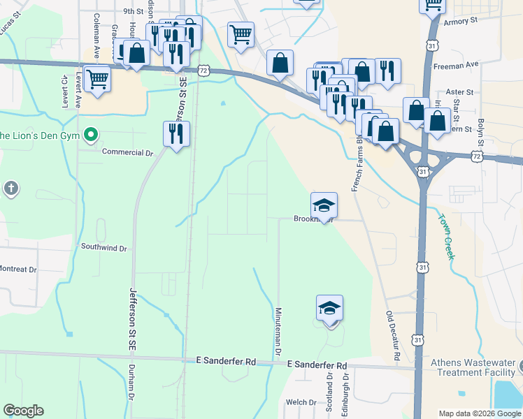 map of restaurants, bars, coffee shops, grocery stores, and more near 315 Brookhill Drive in Athens