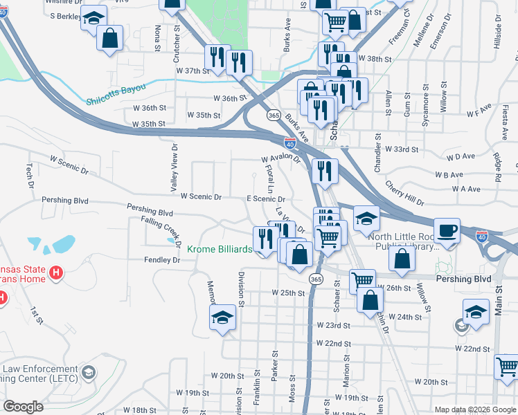 map of restaurants, bars, coffee shops, grocery stores, and more near 205 East Scenic Drive in North Little Rock