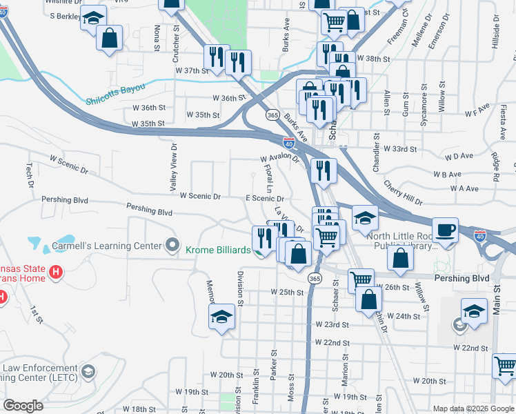 map of restaurants, bars, coffee shops, grocery stores, and more near 205 East Scenic Drive in North Little Rock