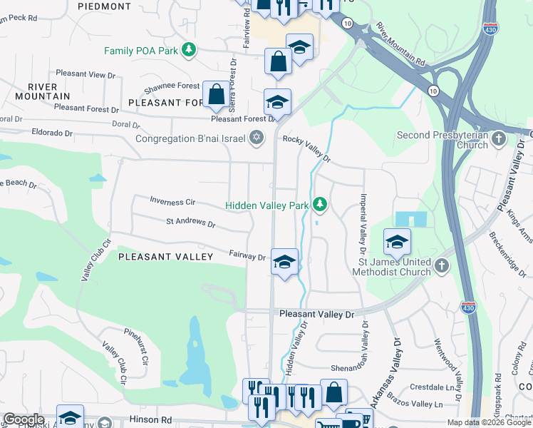 map of restaurants, bars, coffee shops, grocery stores, and more near 127 Valley Club Circle in Little Rock