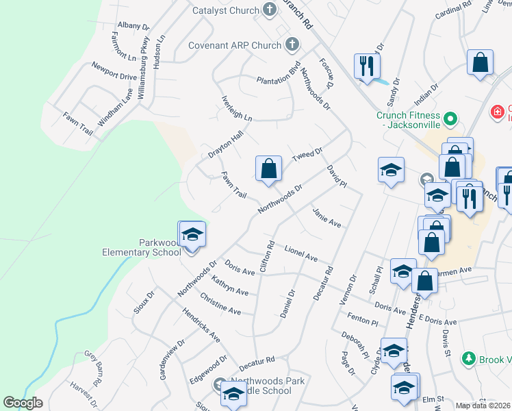 map of restaurants, bars, coffee shops, grocery stores, and more near 311 Ramona Avenue in Jacksonville