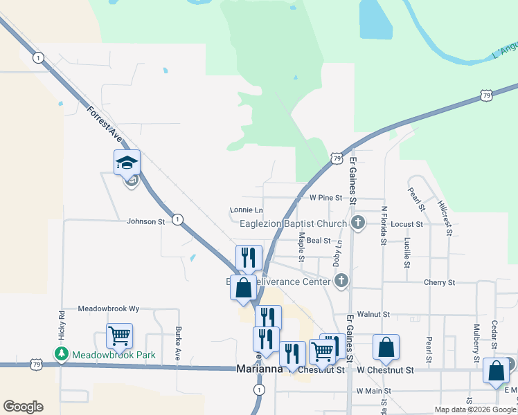 map of restaurants, bars, coffee shops, grocery stores, and more near 481 West Pine Street in Marianna