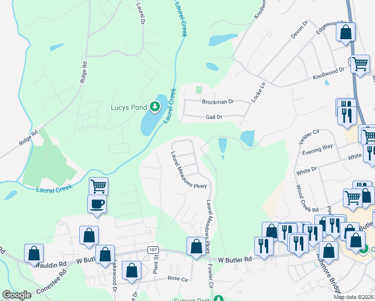 map of restaurants, bars, coffee shops, grocery stores, and more near 509 Laurel Meadows Parkway in Greenville