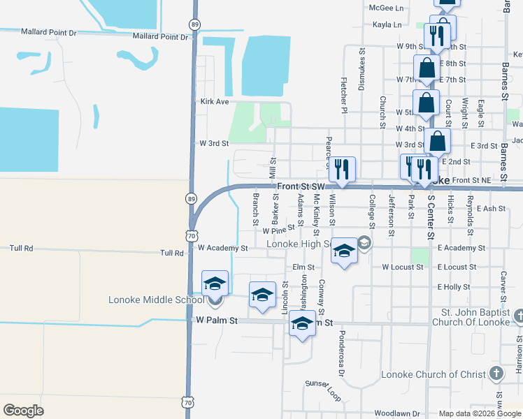 map of restaurants, bars, coffee shops, grocery stores, and more near 110 Branch Street in Lonoke