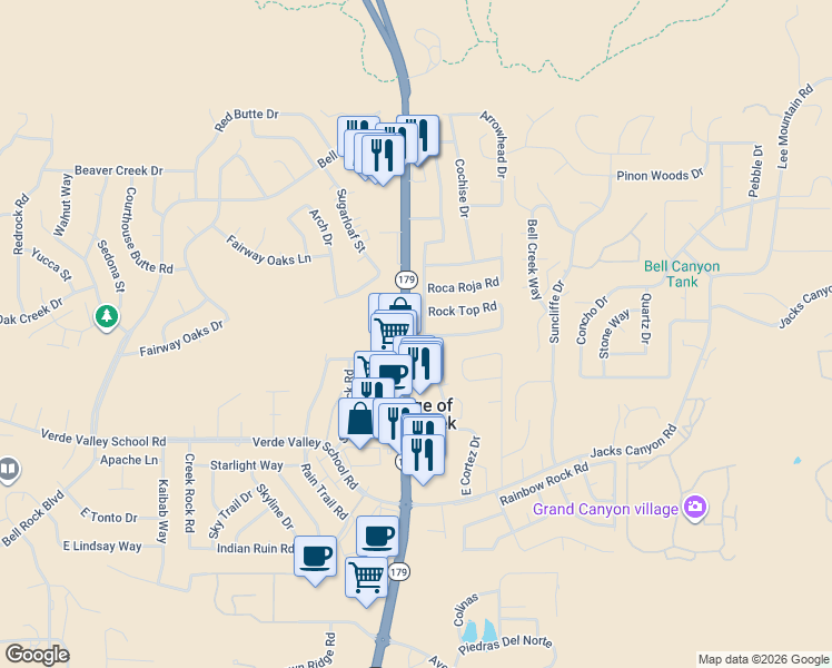 map of restaurants, bars, coffee shops, grocery stores, and more near 10 Rock Top Road in Sedona