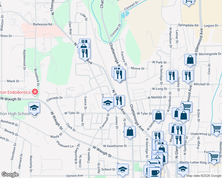 map of restaurants, bars, coffee shops, grocery stores, and more near 1262-1470 N Thornton Ave in Dalton