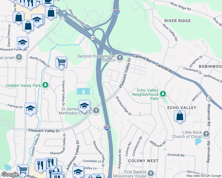 map of restaurants, bars, coffee shops, grocery stores, and more near 441 Cambridge Place Drive in Little Rock