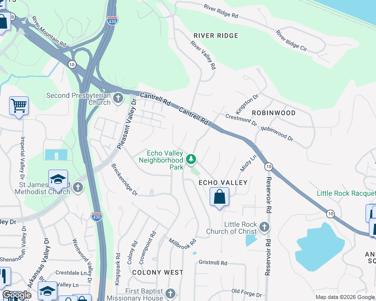 map of restaurants, bars, coffee shops, grocery stores, and more near 3320 Millbrook Road in Little Rock