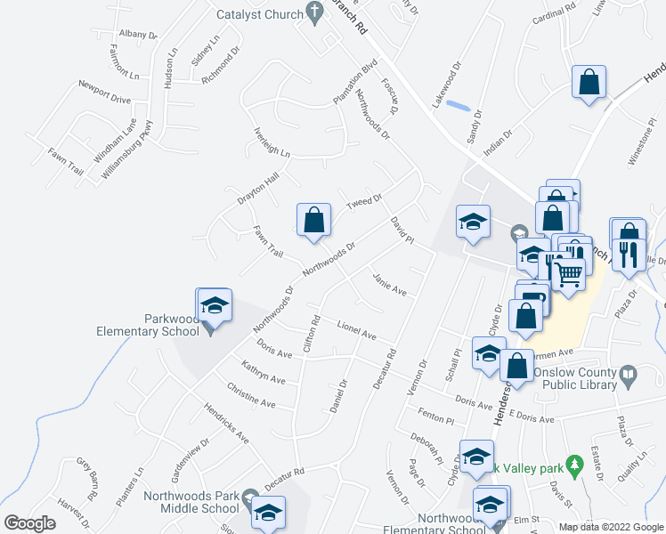 map of restaurants, bars, coffee shops, grocery stores, and more near 2616 Northwoods Drive in Jacksonville