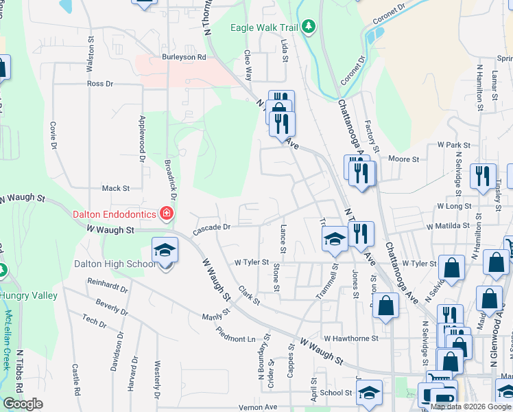 map of restaurants, bars, coffee shops, grocery stores, and more near 907 Sierra Place in Dalton