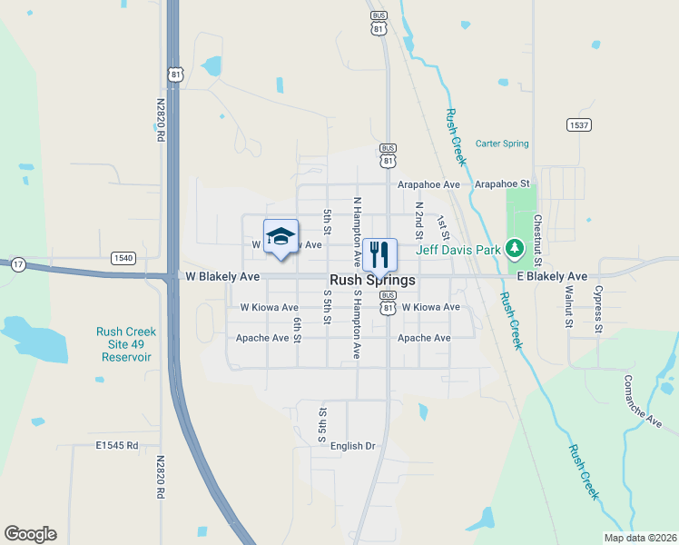 map of restaurants, bars, coffee shops, grocery stores, and more near 109 5th Street in Rush Springs