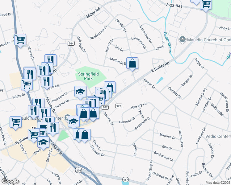 map of restaurants, bars, coffee shops, grocery stores, and more near 219 East Butler Road in Mauldin