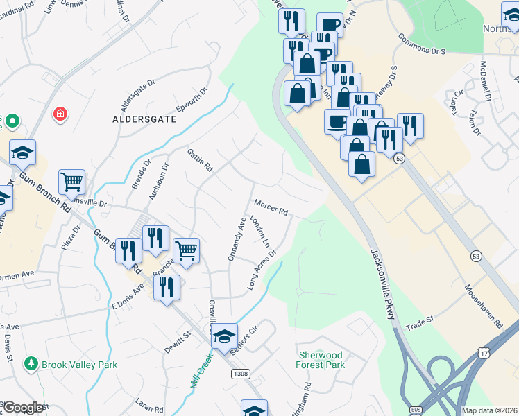 map of restaurants, bars, coffee shops, grocery stores, and more near 101-103 Mercer Road in Jacksonville