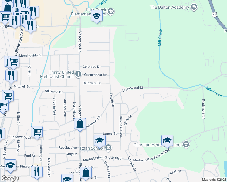 map of restaurants, bars, coffee shops, grocery stores, and more near 829 Frazier Drive in Dalton