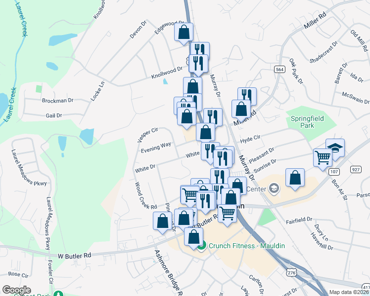 map of restaurants, bars, coffee shops, grocery stores, and more near 407 North Main Street in Mauldin
