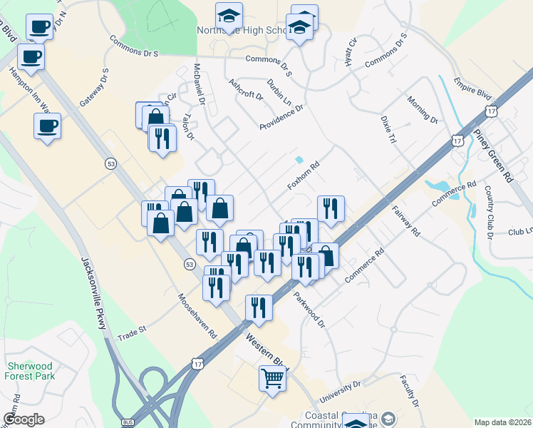 map of restaurants, bars, coffee shops, grocery stores, and more near 3001 Foxhorn Road in Jacksonville