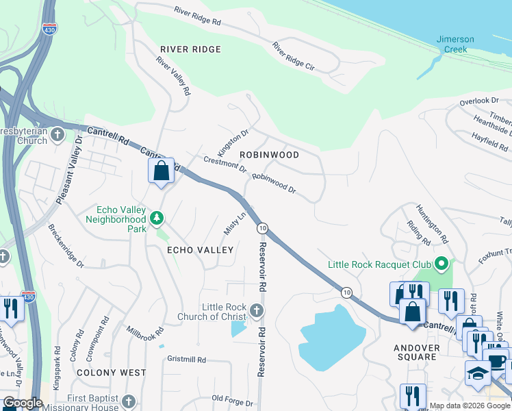 map of restaurants, bars, coffee shops, grocery stores, and more near 31 Robinwood Drive in Little Rock
