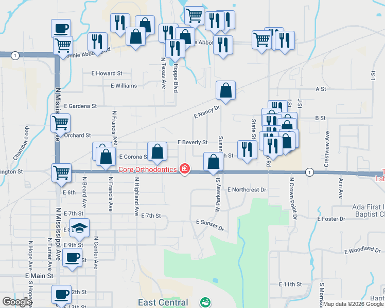 map of restaurants, bars, coffee shops, grocery stores, and more near 820 North Nancy Drive in Ada