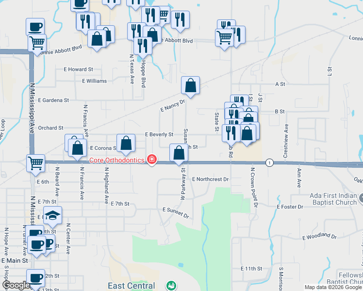 map of restaurants, bars, coffee shops, grocery stores, and more near 1505 East Beverly Street in Ada