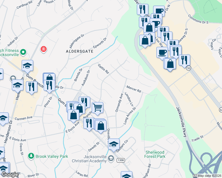 map of restaurants, bars, coffee shops, grocery stores, and more near 607 Kimberly Lane in Jacksonville