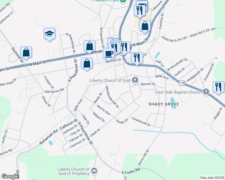 map of restaurants, bars, coffee shops, grocery stores, and more near 5 Mills Court in Liberty